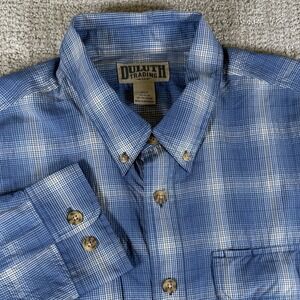 Duluth Men's XLT Blue Plaid Nylon Long Sleeve Button Down Shirt Work Outdoor